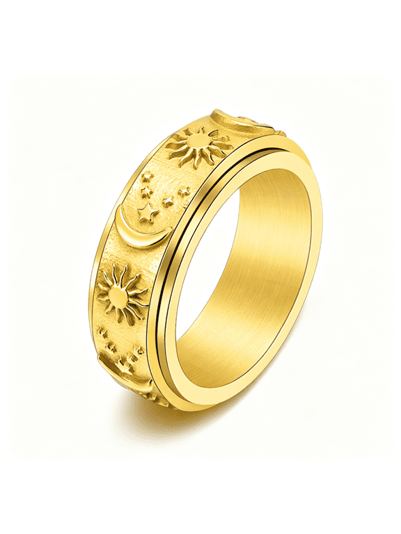 Sun Moon and Star Spinner Fidget Ring for Anxiety for Men Women Stainless Steel Rotating Engagement Wedding Band Stylish Moon Ring 8Mm