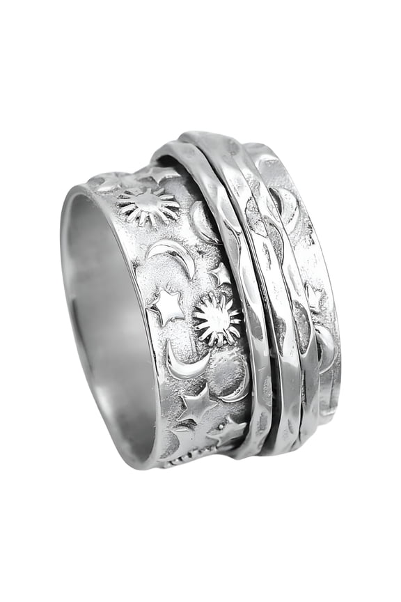 Sun and Moon Ring Sterling Silver Stars Spinner Fidget Band Boho Wide