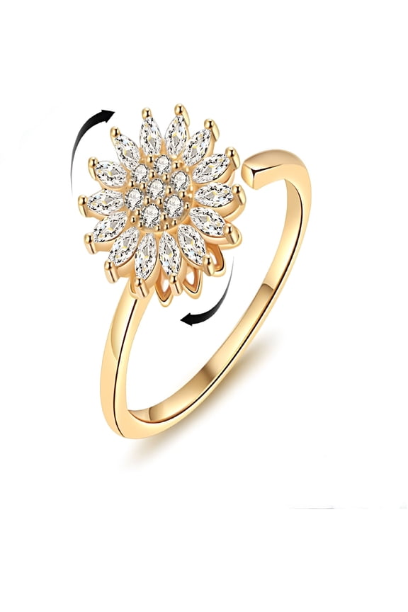 Sunflower Fidget Ring for Women Gold Crystal Sunflower Open Adjustable Fidget Ring Spinner Sun Ring