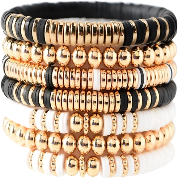 DESIGNICE Surfer Heishi Clay Bead Bracelets for Women Bohemian Stackable Gold Plated Beaded Stretch Bracelets Elastic Layering Friendship Bracelets Set Boho Jewelry
