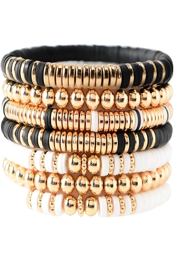 Surfer Heishi Clay Bead Bracelets for Women Bohemian Stackable Gold Plated Beaded Stretch Bracelets Elastic Layering Friendship Bracelets Set Boho Jewelry