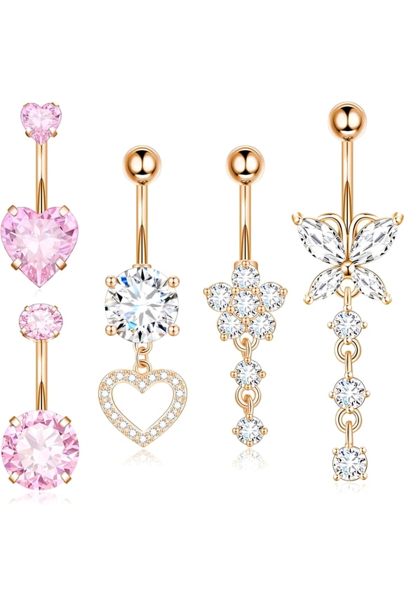 Surgical Stainless Steel Dangle Belly Button Rings for Women with Heart Butterfly Rose Gold