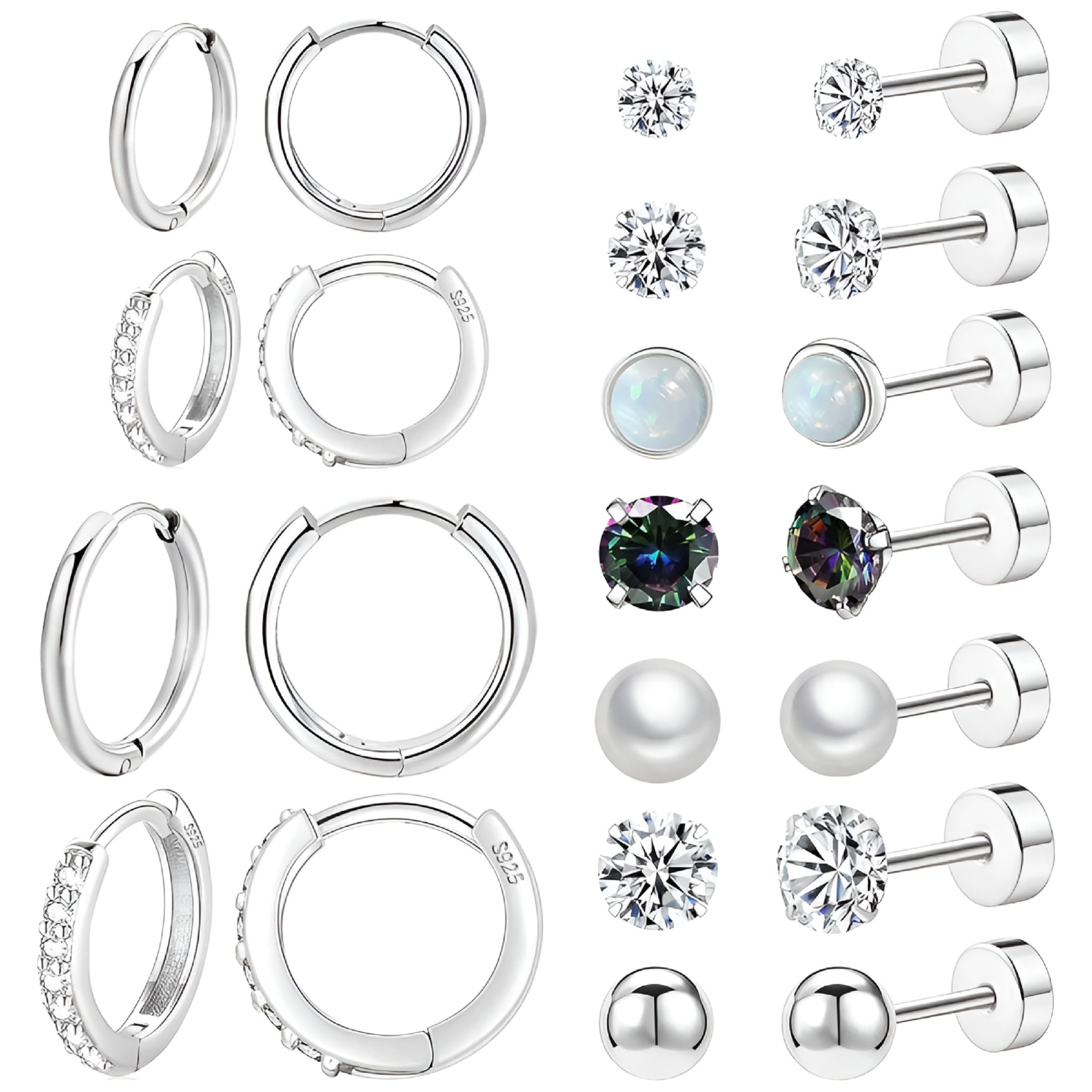 DESIGNICE Surgical Steel Flat Back Earrings Set for Multiple Piercing Sensitive Ears,Sterling Silver Hypoallergenic Small Cartilage Huggie Hoop Earrings Titanium Tiny Cz Pearl Opal Stud Earrings