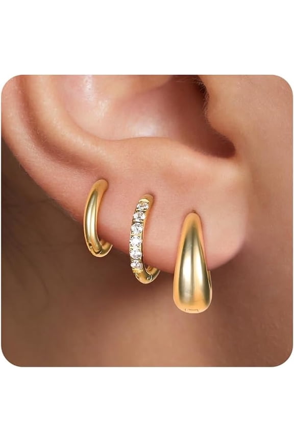Surgical Steel Huggie Hoop Earrings for Women Set,14K Gold Plated Small Hypoallergenic Lightweight Cz Huggie Earrings,Waterproof Non Tarnish,For Multiple Piercing