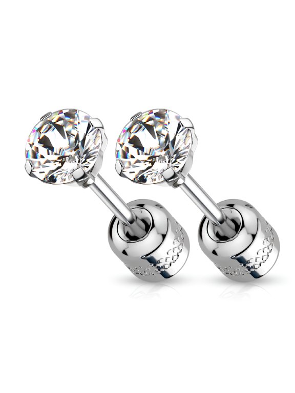 Surgical Steel Pair Prong Set CZ Gem Stud 3mm Earrings w/ Gem Centered Screw Back Silver