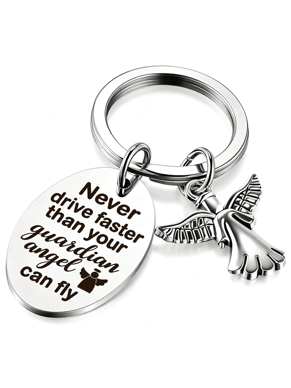Sweet Guardian Angel Keychain New Driver Key Ring Gift Never Drive Faster Than Your Angel Can Fly Keychain Charm New Driver Gifts