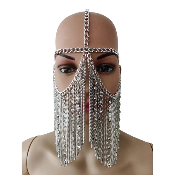 DESIGNICE Tassels Head Chain Face with Long Fringed Designs Punk Metal Head Chain Jewelry for Women Night Event