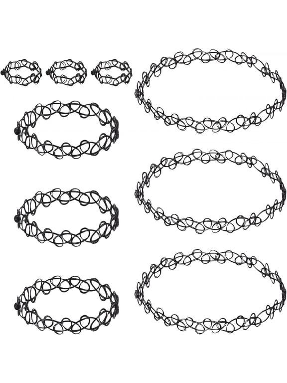 Tattoo Choker Necklace,Bracelet and Ring Set,Black Stretchy Gothic Chokers Adjustable Retro Grunge Necklace Jewelry for Women Accessories