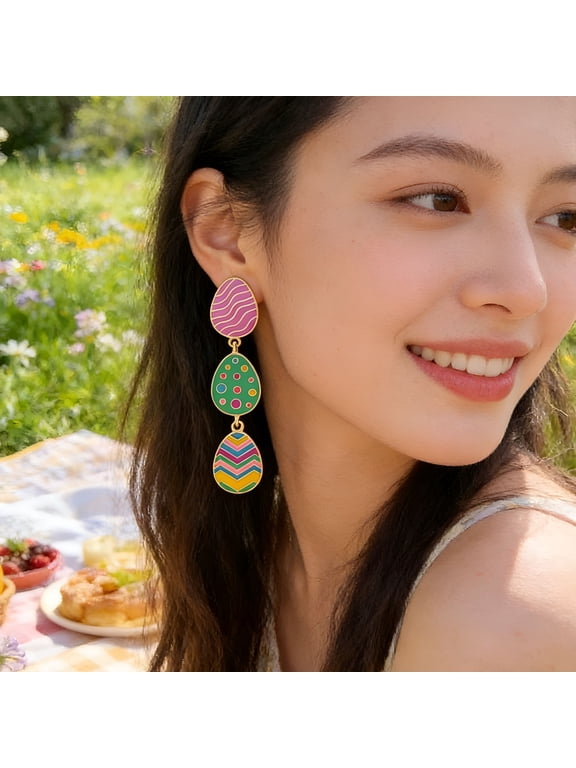 Three Layered Easter Earrings with Egg Dangle,Alloy Festive Jewelry for Holiday Parties and Spring Outfits