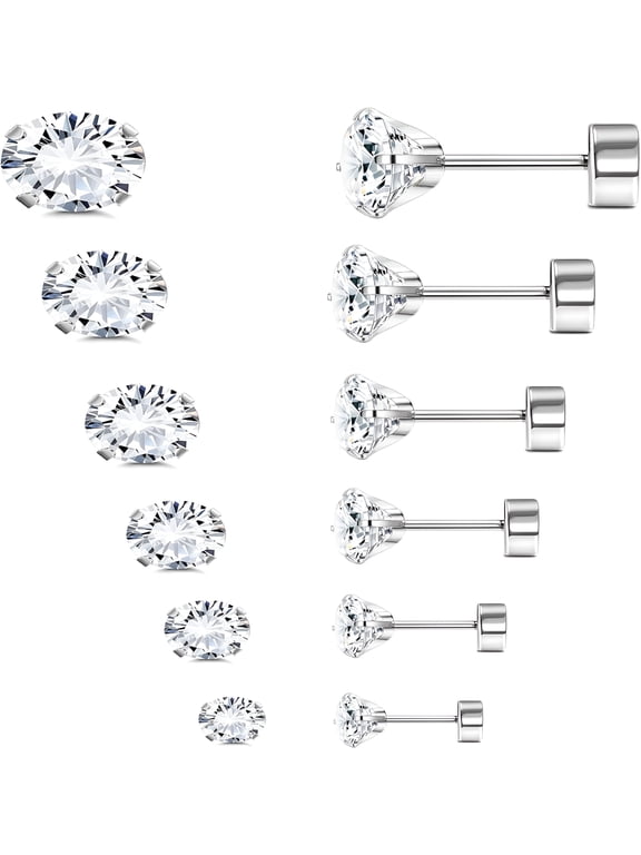 Titanium Flat Back Stud Earrings for Women Men, Hypoallergenic Cartilage Piercing Jewelry with CZ Stone, Screw Back