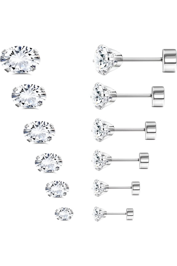 Titanium Flat Back Stud Earrings for Women Men, Round CZ Cartilage Earring Studs for Sensitive Ears, Hypoallergenic Screw Back Ear Piercing Set 20G 2-8MM