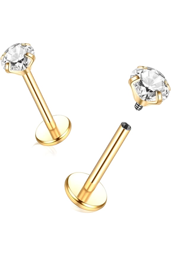 Titanium Flat Back Studs Earrings for Tragus Cartilage Piercing Jewelry Internally Threaded Nose Rings Studs 18G 16G, Silver/Gold, 2PCS