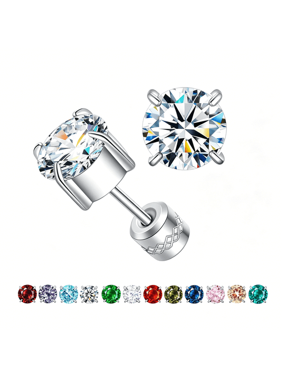 Titanium Flat Back Surgical Stainless Steel Stud Earrings for Women Men,Birthstone Stud Earrings Hypoallergenic Double Side 5A Cubic Zirconia Studs Jewelry 6Mm