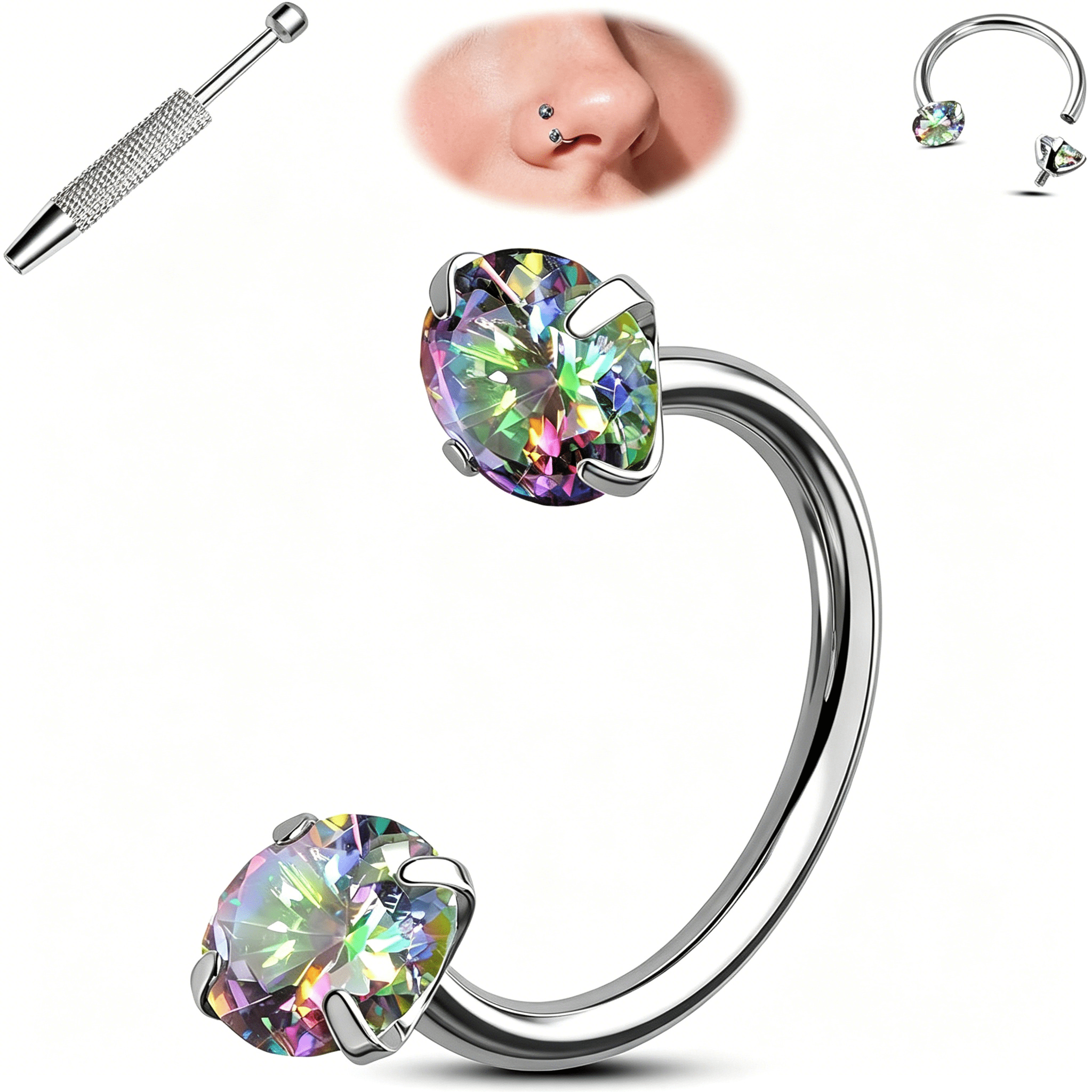 DESIGNICE Titanium Horseshoe Nose Ring 20G Double Cubic Zirconia Nose ...