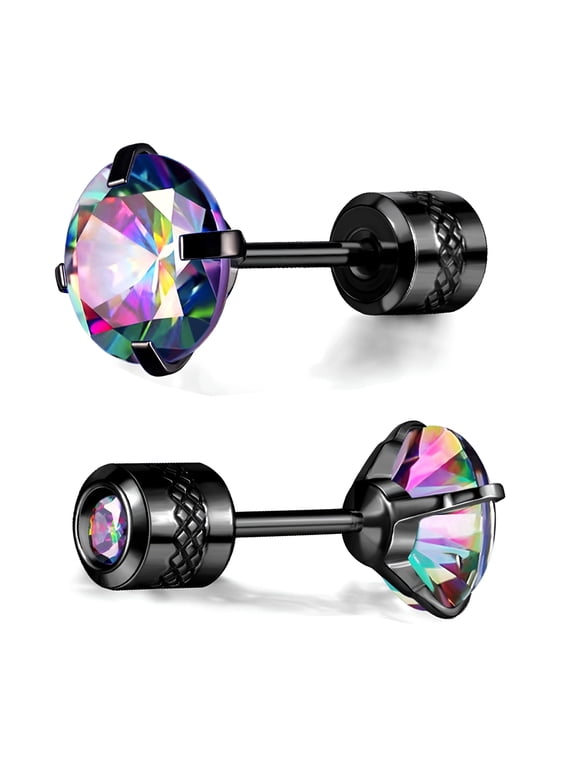 Titanium Screw Back Earrings Black Surgical Stainless Steel Rainbow Cubic Zirconia Fake Diamond Flat Back Stud 316L Hypoallergenic for Sensitive Ear for Women Men Teen Cz Twist Piercing