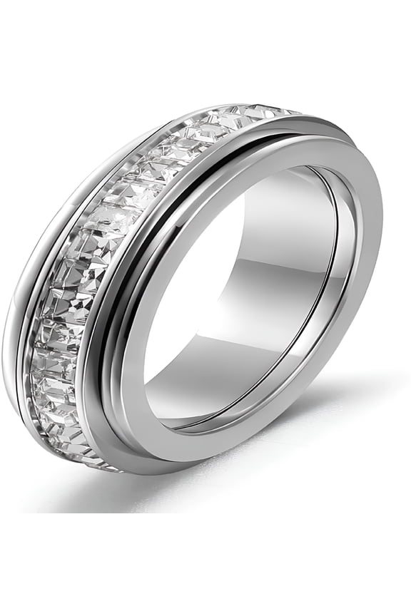 Titanium Steel Spinner Fidget Ring for Women, Cubic Zirconia Anxiety Relief Band, Comfort Fit Wedding Promise Ring
