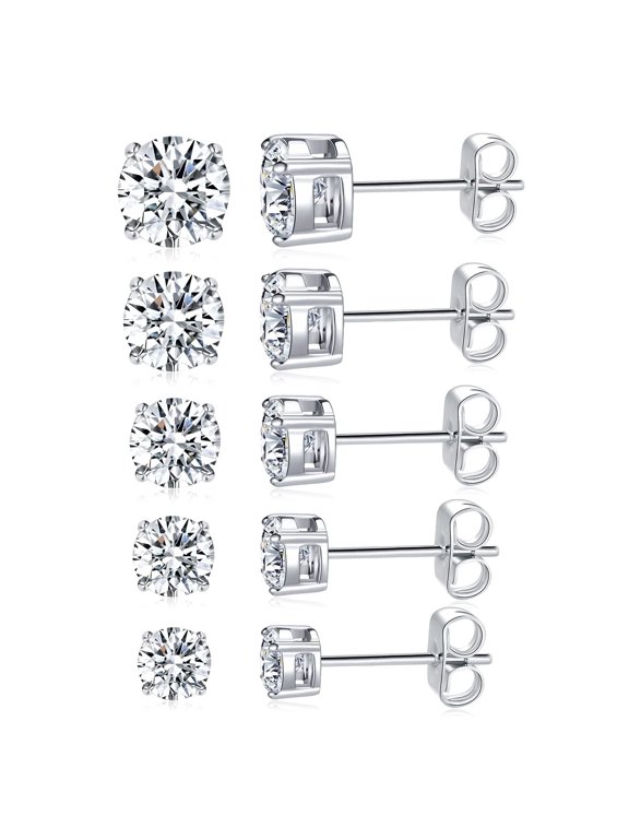 Titanium Stud Earrings Set Hypoallergenic Cubic Zirconia Round CZ Surgical Stainless Steel 4 Prong Stud Earring for Women and Men 3-7mm Pack of 5