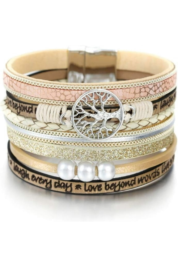Tree of Life Leather Bracelets for Women. Colorful Multi-Layer Wrapped Wristband Bracelets for Women,Birthday Jewelry Gifts for Teens Girls(Beige)