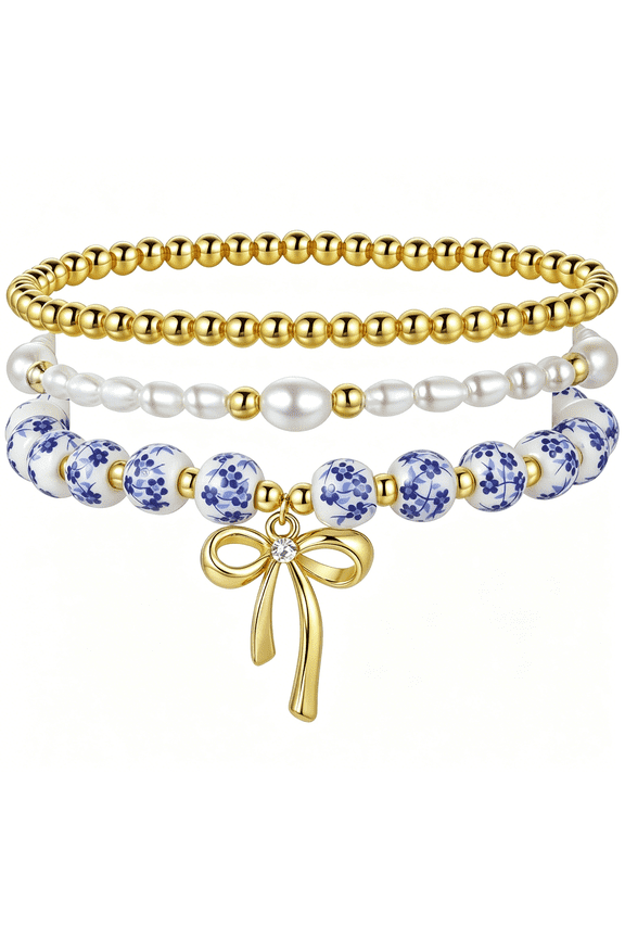 Trendy Gold Bracelets for Women- Bow Charm Stretch Beaded Bracelet, Christmas Romantic Jewelry - Ideal Gifts