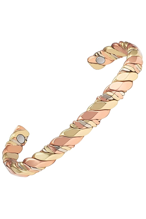 Tri Colored Gold Copper Bracelets for Women,6.5 Inches,Cuff Bangles,Hand Knitted