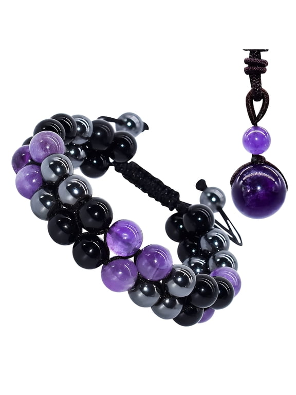 Triple Protection Bracelet, Handcrafted Crystal Bracelet for Men Women Amethyst Beads Hematite and Black Obsidian Natural Stone 8mm Healing Bracelets Good Luck Prosperity Happiness
