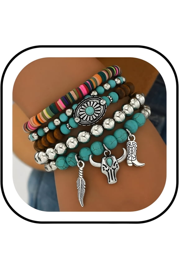 Turquoise Beaded Bracelet for Women, Boho Native Concho Jewelry, Stackable Western Wristband