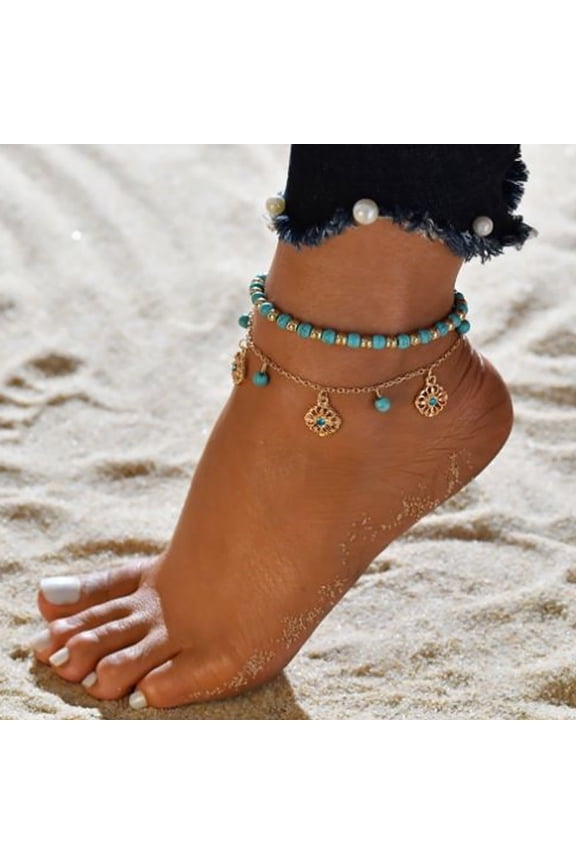 Turquoise Beaded Fringe Set Of 2 Anklet Beach Anklet Bracelet Jewelry Anklet Adjustable Size
