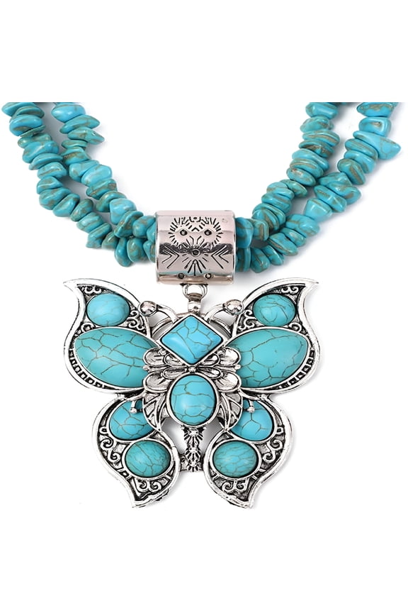 Turquoise Butterfly Layered Necklace for Women Irregular Stone Turquoise Necklace Pendant Choker Antique Native Western Jewelry Bohemian Birthday Summer Holiday Jewelry Gift for Her