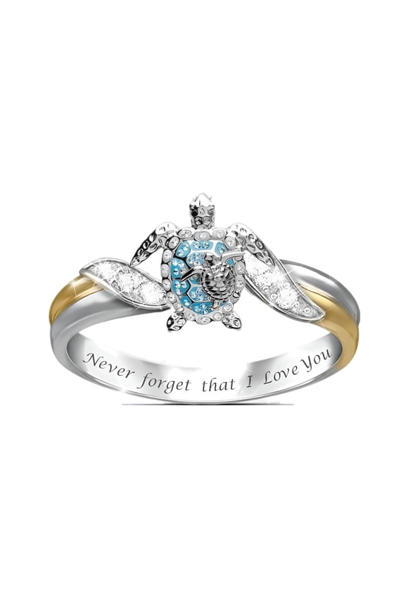 Turtle Ring, "Mom Loves You Forever" Sea Turtle Crystal Studded Jewelry (Silver, Size #10)