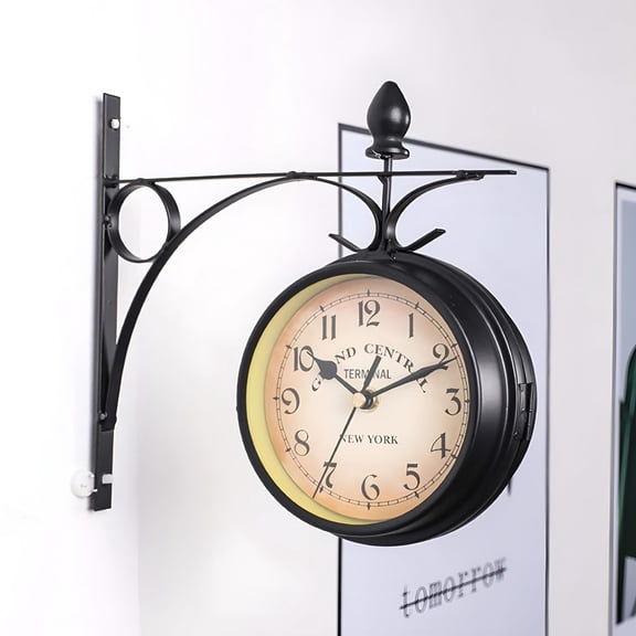 DESIGNICE Two-Sided Station Clock, Vintage Iron Grandfather Bracket Decorative Wall Clock, Silent Movement Double-Sided Timepiece for Living Room Hallway, 12.12 x 7.5 cm