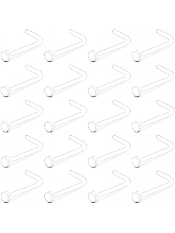 Unisex Hypoallergenic Acrylic L Shaped Stud Nose Ring, Plastic, Clear, 20 Piece