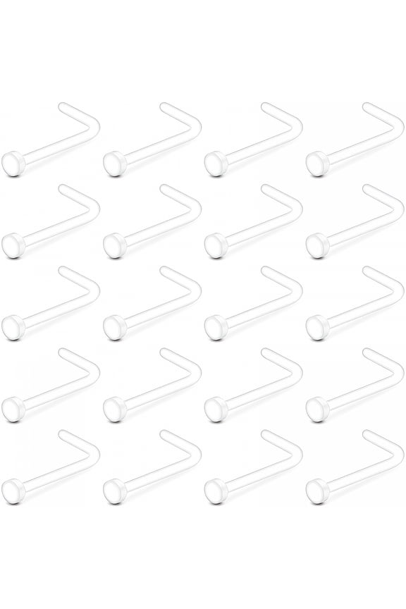 Unisex Hypoallergenic Acrylic L Shaped Stud Nose Ring, Plastic, Clear, 20 Piece