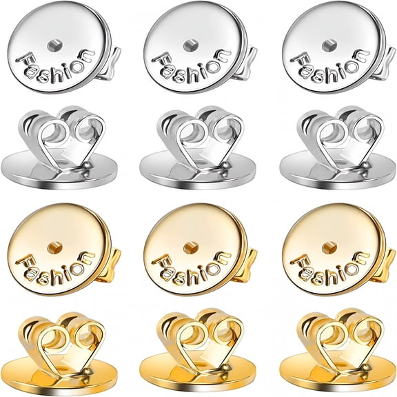 DESIGNICE 8mm Large Earring Backs for Studs,Droopy Ears and Heavy Earring,12 Pcs/6 Pairs Locking Earring Backings Replacements,Hypoallergenic Butterfly Earring Backs (White Gold & Gold)
