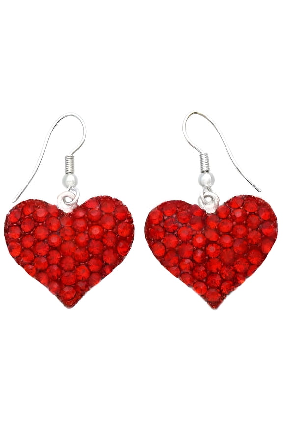 Valentine's Day Gift for Mom Love Red Heart Dangle Drop Earrings Silver Tone