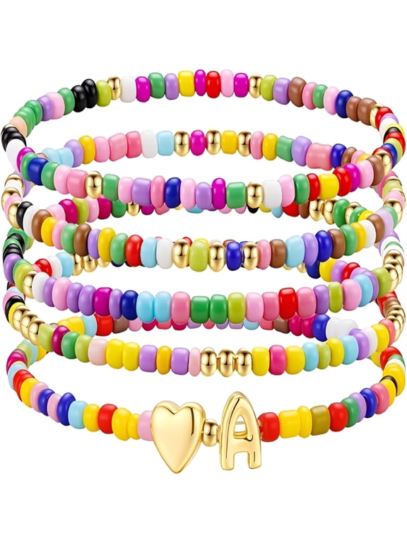 Valentines Gifts for Kids - 5PCS Colorful Beaded Initial Bracelets for Girls Women Cute Stretch Heart Letter Bracelet Initial Stackable Bracelet Birthday Gift Jewelry for Kids Teen Girl