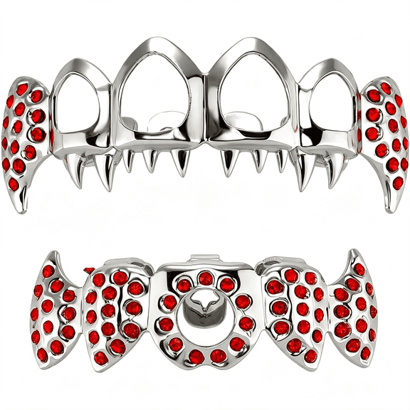 DESIGNICE Vampire Teeth Fang Grillz Hollow Braces for Teeth 14K Gold Silver Plated Hip Hop Fangs Top Bottom Teeth Grills for Men and Women,Trendy Grillz (Silver)