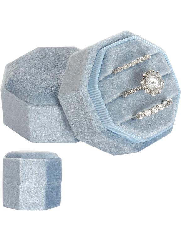 Velvet 3 Slots Jewelry Ring Box Vintage Octagon Ring Display Holder Gift Premium Gorgeous Case with Detachable Lid for Wedding Engagement Proposal Keepsake Ceremony (Blue)