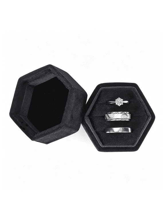 Velvet Jewelry Ring Box,3 Slots Hexagon Ring Gift Box Ring Holder | Vintage Ring Display Case for Wedding Ceremony Proposal Engagement (Black,3 Slots)