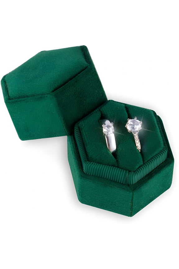 Velvet Ring Box for Jewelry,Double Slots Hexagon Ring Case Box for Proposal Engagement Wedding Ceremony Valentines Day for Holding 2 Rings (Emerald Green)