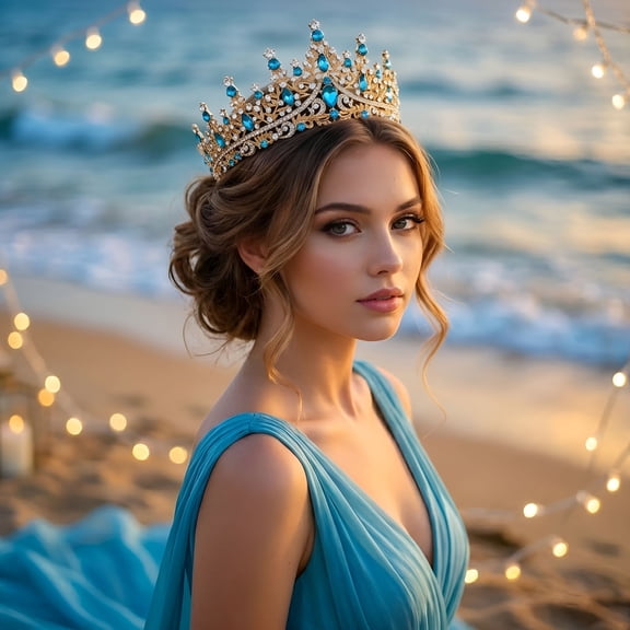 DESIGNICE Vibrant Turquoise Blue Tiara for Prom,Sparkling Gold Baroque Crown for Women,Tropical Beach Wedding Hair Jewelry,Tiaras and Crowns for Women