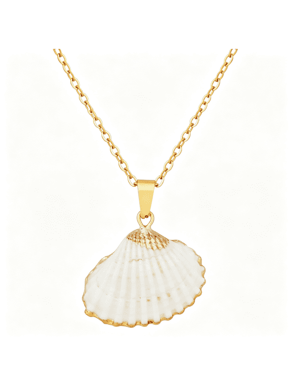 Vintage Bohemian Seashell Shell Pendant Necklace,Gold Plated Cable Chain,Summer Beach Shell Jewelry Gift for Women,Elegant 14K Gold Necklace