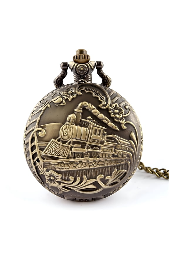 Vintage Brass Pocket Watch for Men Women, Antique Train Engine Quartz Watch with Rib Chain, Unisex Retro Pendant Necklace for Daily Wear and Collector Gifts