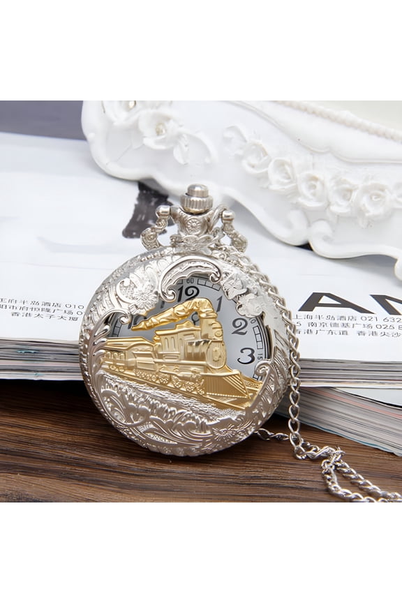 Vintage Bronze Steam Train Men's Kids Quartz Pocket Watch with Chain