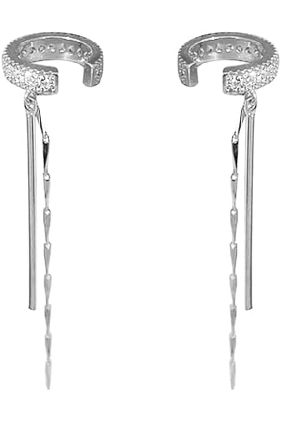 Vintage Crystal Ear Cuff Earrings Long Bar Drop Earrings Silver Bar Sleek Chain Earrings Rhinestone Cartilage Non Piercing Earrings Jewelry for Women