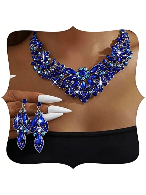 Vintage Crystal Rhinestone Statement Choker Bib Statement Necklace Earring Set Sparkly Chunky Cluster Leaf Flower Necklace Dangle Earrings Set Party Prom Bar Costume Jewelry Sets
