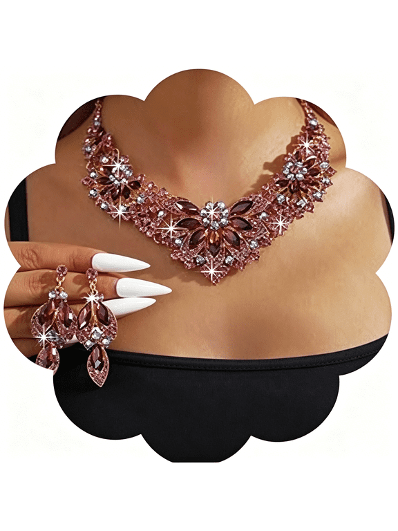 Vintage Crystal Rhinestone Statement Choker Bib Statement Necklace Earring Set Sparkly Chunky Cluster Leaf Flower Necklace Dangle Earrings Set Party Prom Bar Costume Jewelry Sets