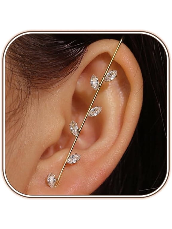 Vintage Ear Wrap Crawler Hook Earrings Crystal Long Piercing Star-Shape Lightning Bolt Exaggerate Wrap Climber Earrings Gold Silver Cz Ear Cuff Earrings for Women
