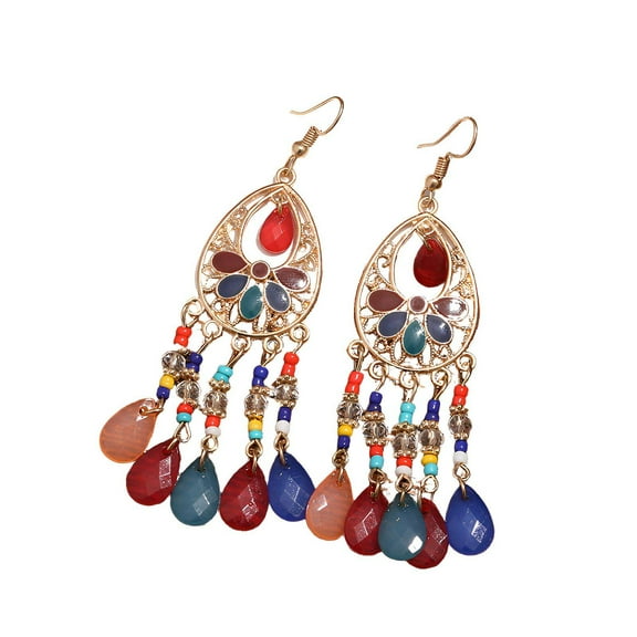 DESIGNICE Vintage Earrings,Handmade Bohemian Jewelry,Water Drop Rice Bead Design Hook Earrings Tassels,Multicolor-1