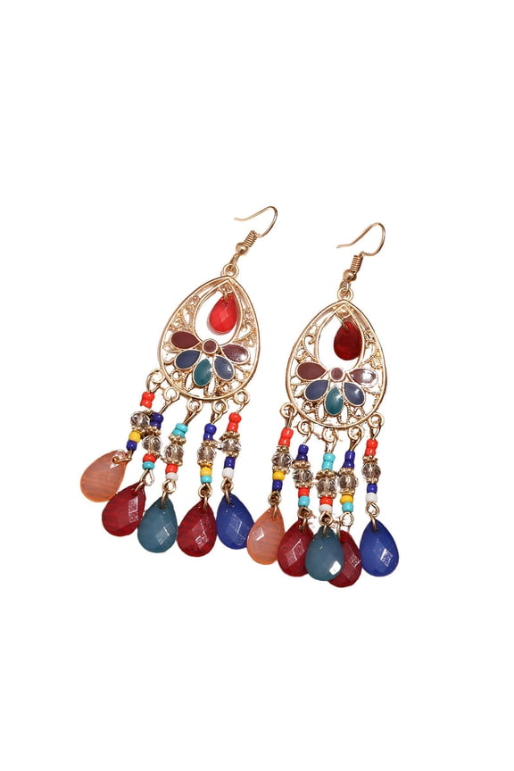 Vintage Earrings,Handmade Bohemian Jewelry,Water Drop Rice Bead Design Hook Earrings Tassels,Multicolor-1