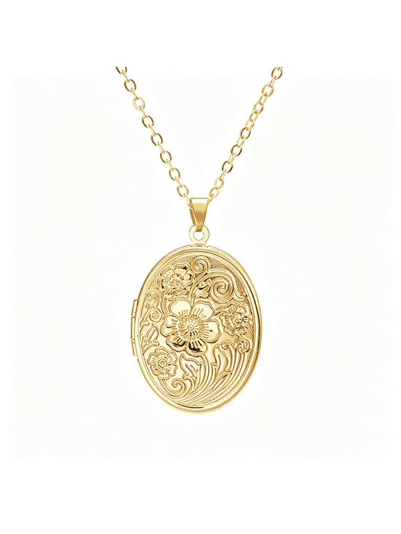 Vintage Engraved Flower Empaistic Photo Locket Hold Picture Oval Round Pendant Necklace Antique Carved Pattern Souvenir Memorial Clavicle Jewelry for Women